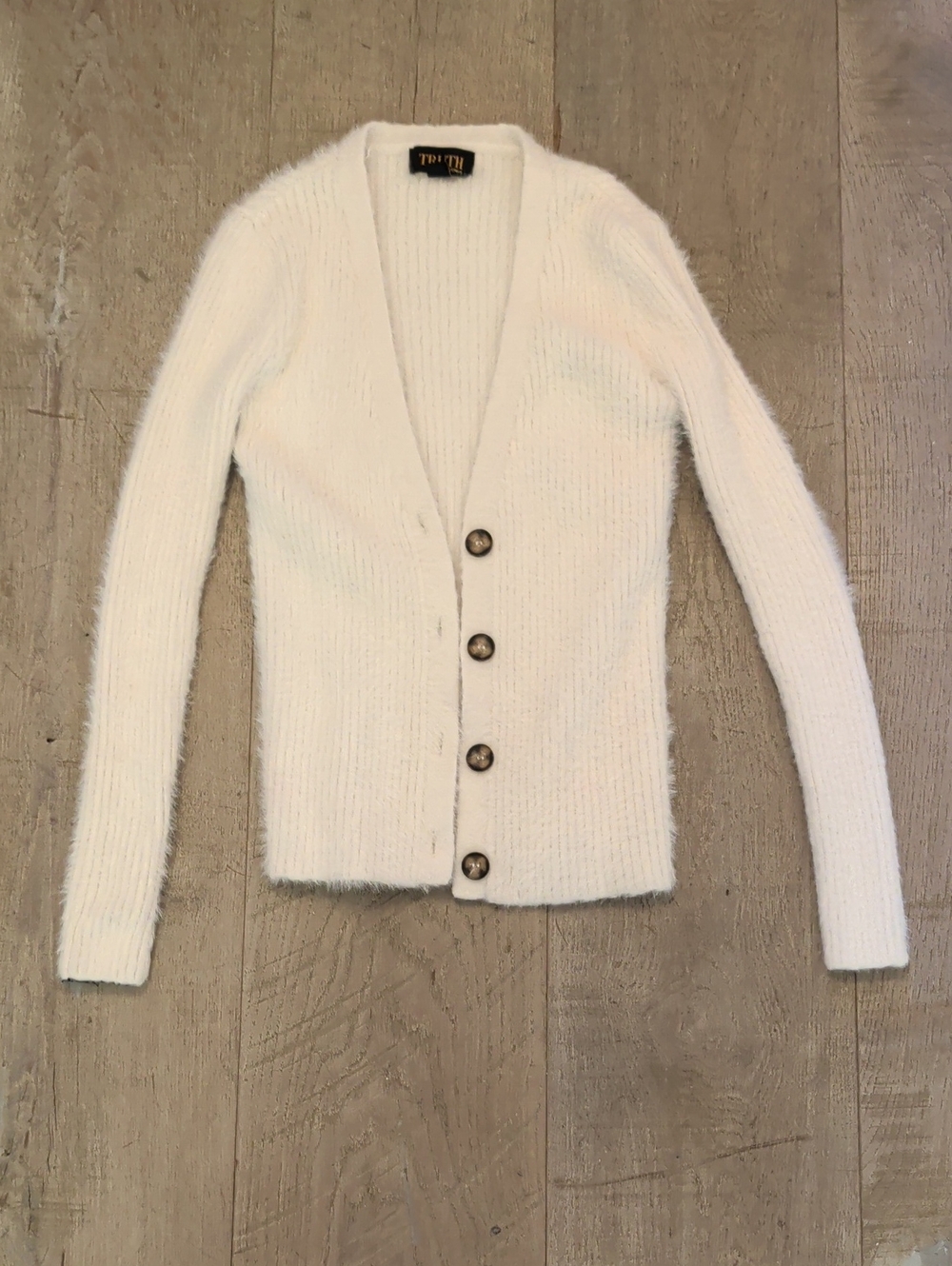 Truth By Republic Fuzzy Cream V‑Neck Button Cardigan